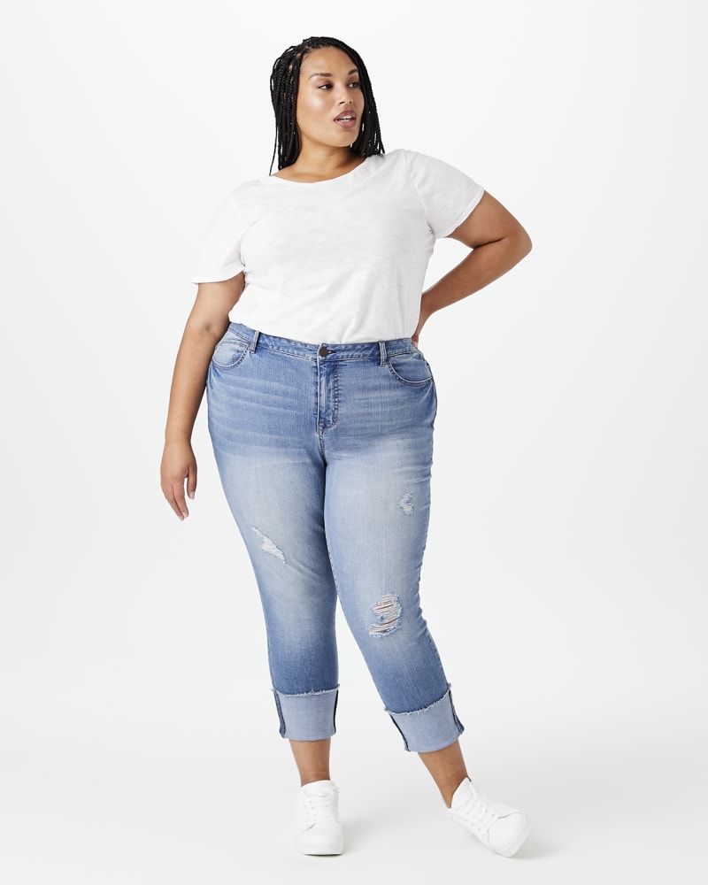 Plus size model with hourglass body shape wearing Vesey Cuffed Ankle Jean by Meri Skye | Dia&Co | dia_product_style_image_id:144315